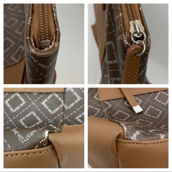 Nine West Brown Camel Tan All Over Geometric Pattern Contrast Satchel Purse - Picture 9 of 16